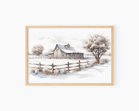 Rustic Winter Barn Watercolor Art Print, Vintage