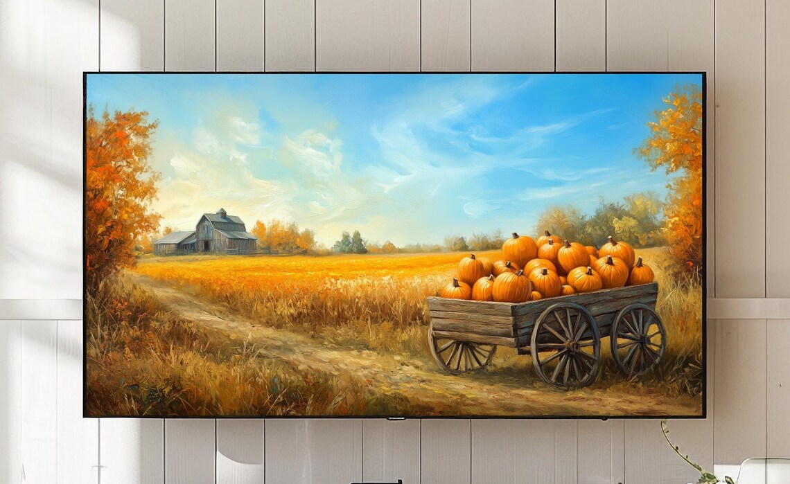 Autumn Pumpkin Cart Rustic Harvest Landscape