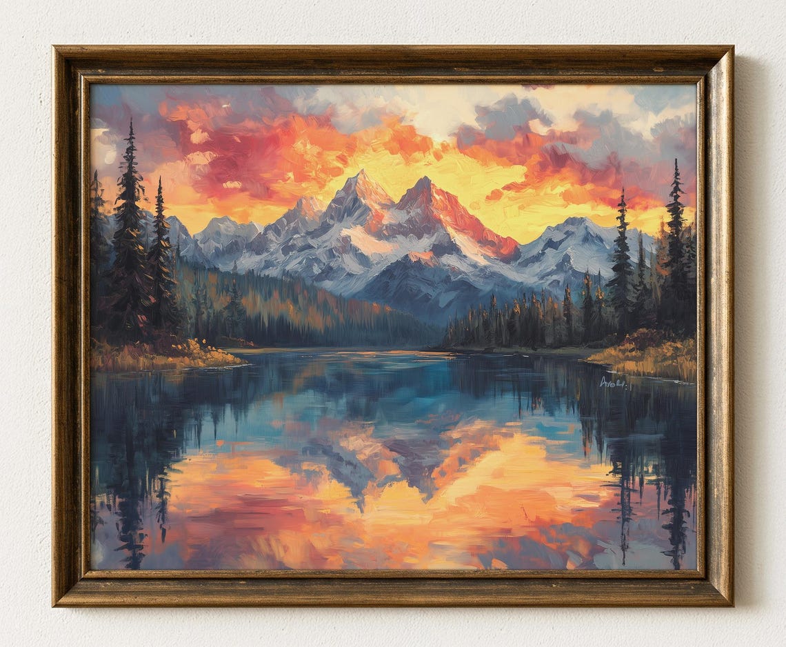Rocky Mountain Sunset Lake Reflection Snow Peaks Pine Forest Poster