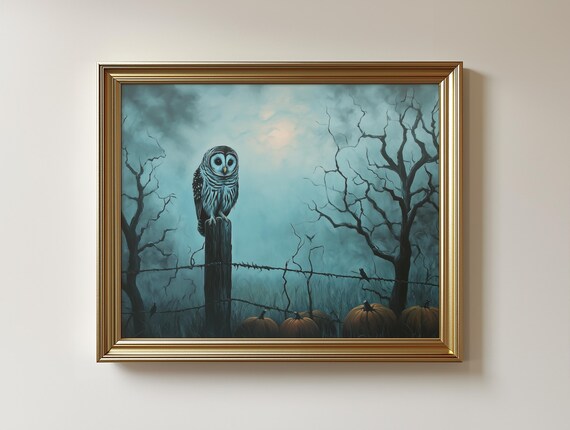 Barred Owl Night Fence Post Moody Blue Moonlit Pumpkin Field Print