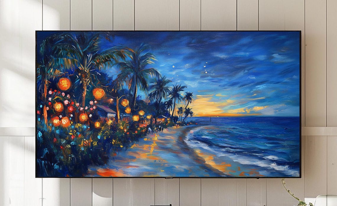 Coastal Christmas Sunset Beach Lights Frame Tv Art 780