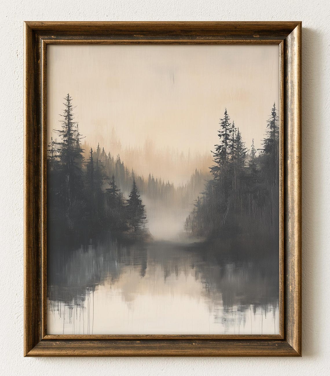 Misty Evergreen Lake Painting Poster Moody Forest Water Reflection