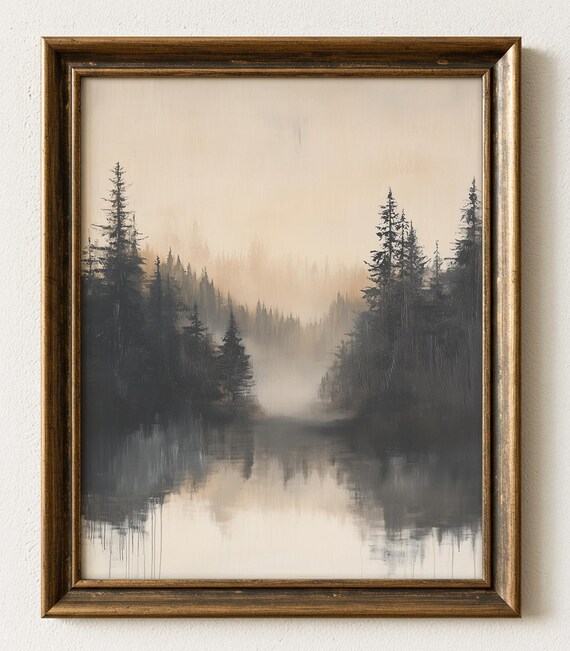 Misty Evergreen Lake Painting Poster Moody Forest Water Reflection