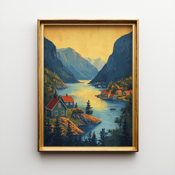 Norway Fjord Red Cabins Vintage Golden Hour Landscape Poster