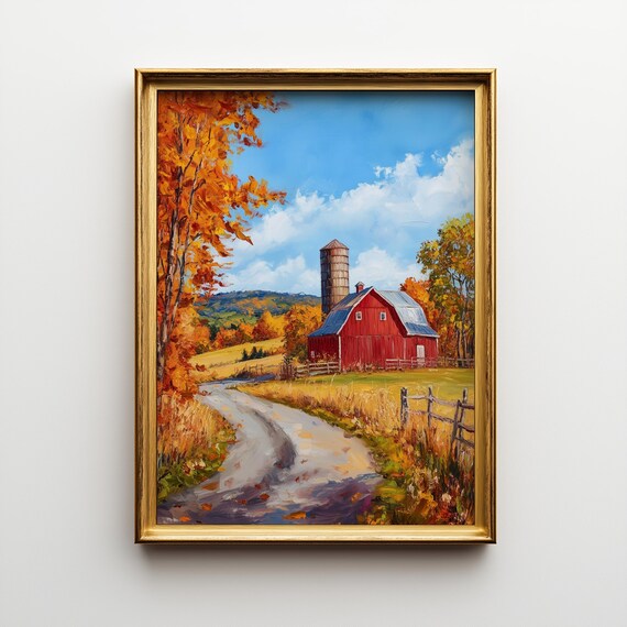 Rustic Red Barn Autumn Landscape Print New England Farmhouse 512