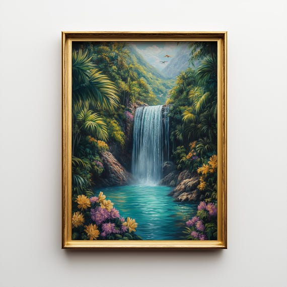 Tropical Waterfall Jungle Art Print, Exotic Landscape