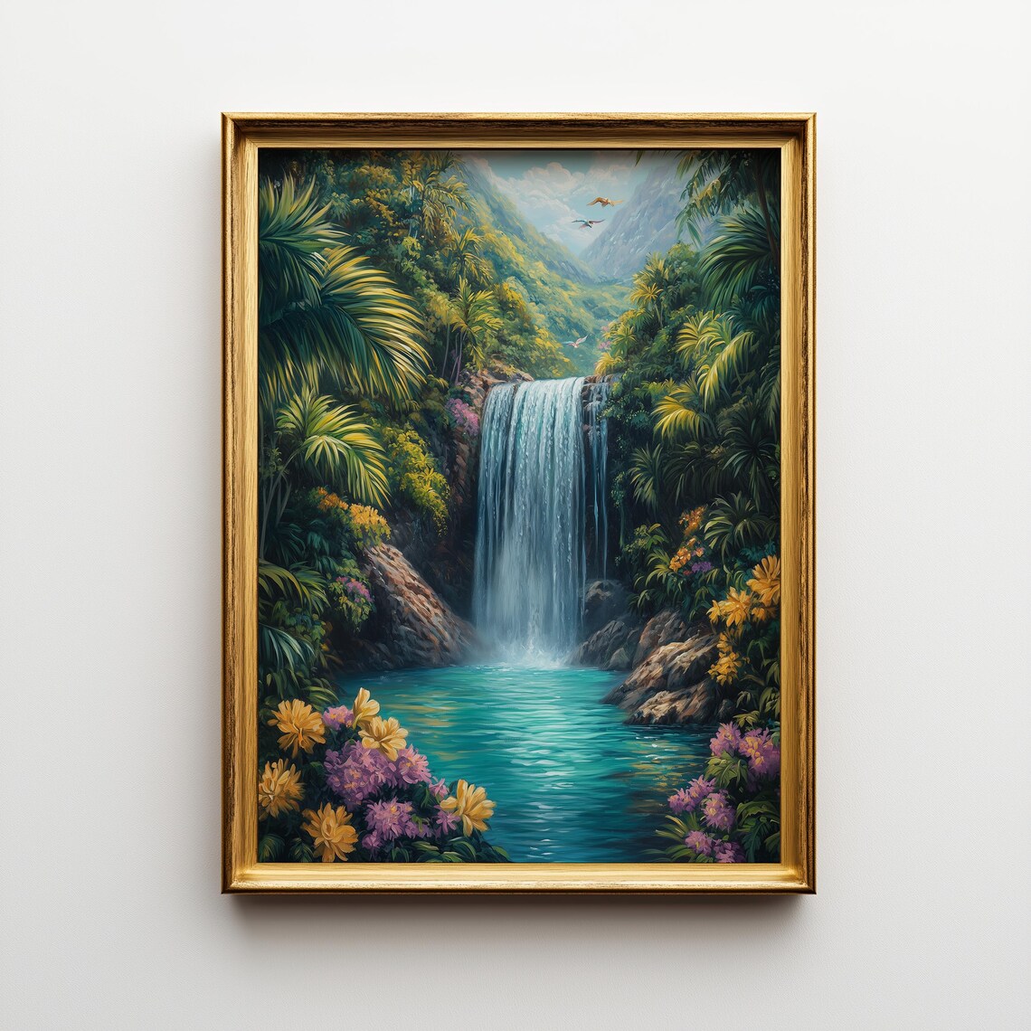 Tropical Waterfall Jungle Art Print, Exotic Landscape