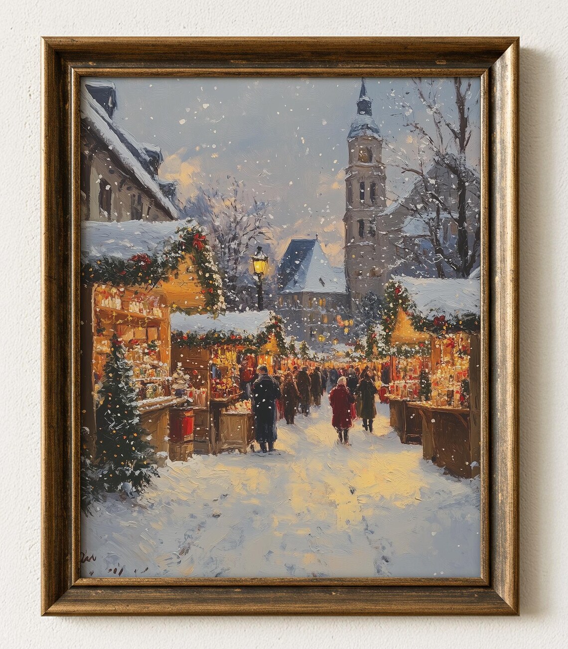 Snowy Christmas Market Stalls Church Tower Winter Evening Painting Poster