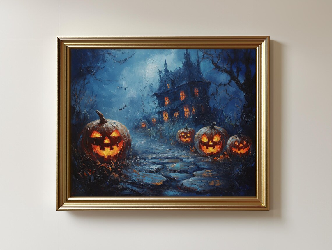 Spooky Jackolantern Print Haunted House Halloween Art 206