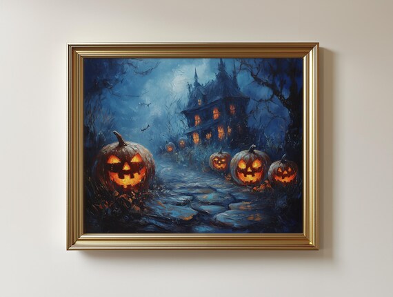 Spooky Jackolantern Print Haunted House Halloween Art 206