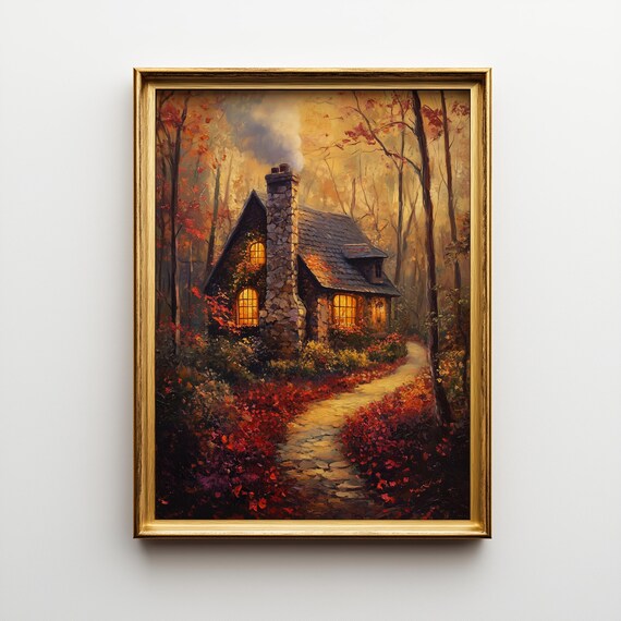 Cozy Autumn Cottage, Rustic Landscape Art Print