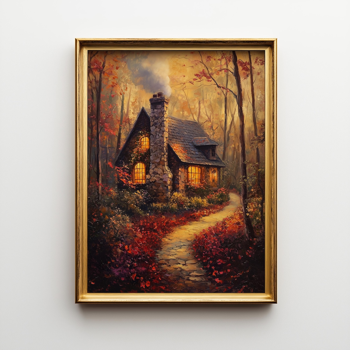 Cozy Autumn Cottage, Rustic Landscape Art Print