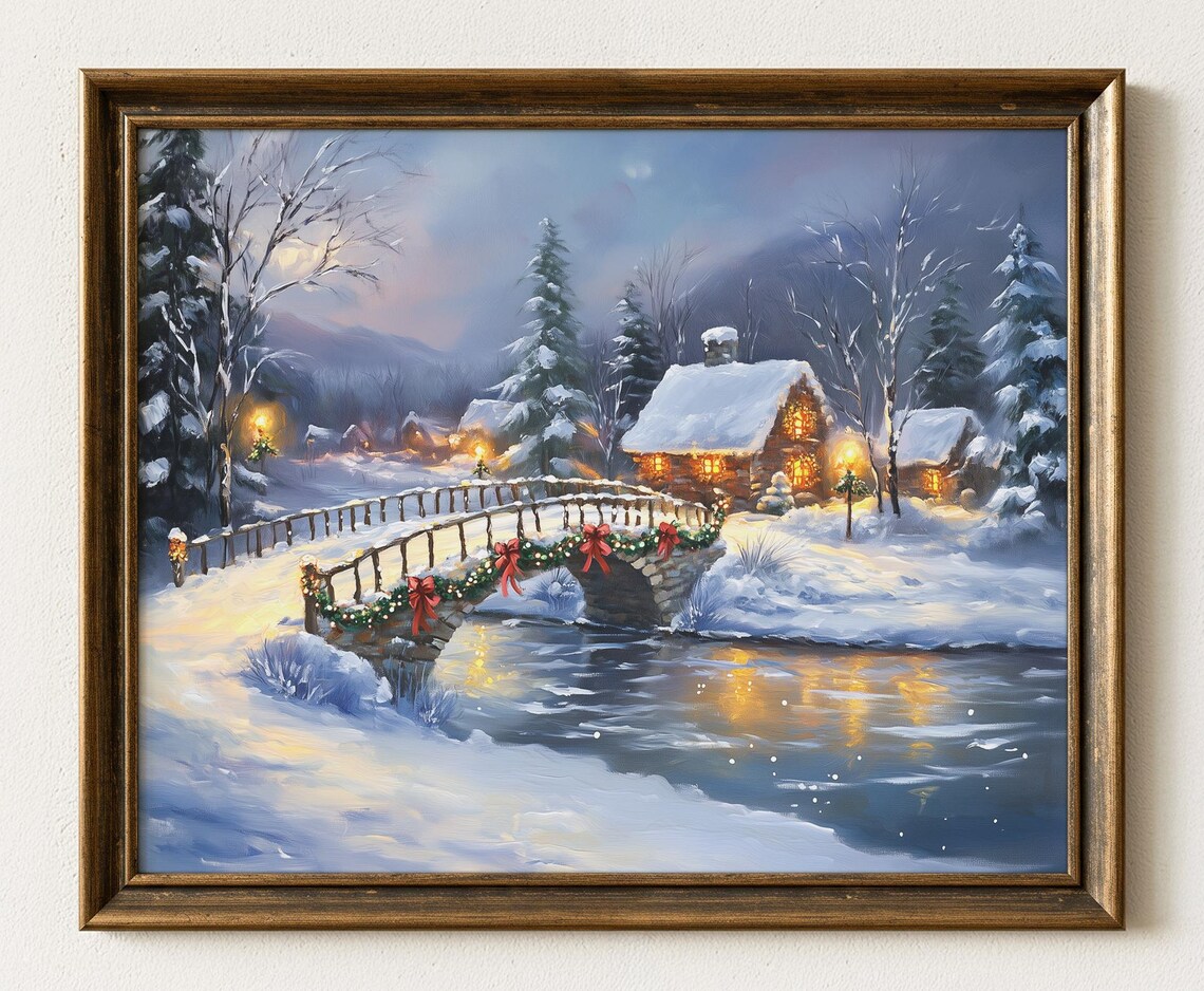 Winter Cottage Print Snowy Bridge Over Frozen Stream 638