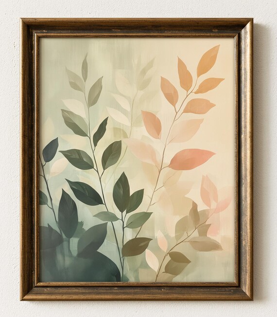 Botanical Leaves Artwork Green Peach Silhouettes Minimal Print