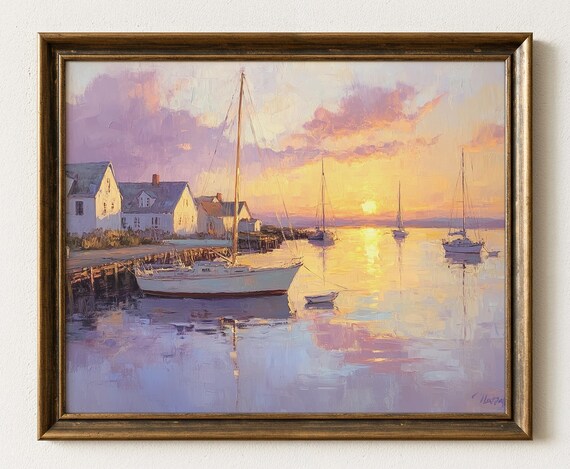 New England Harbor Sunset Sailboats Cottages Golden Water Art Poster