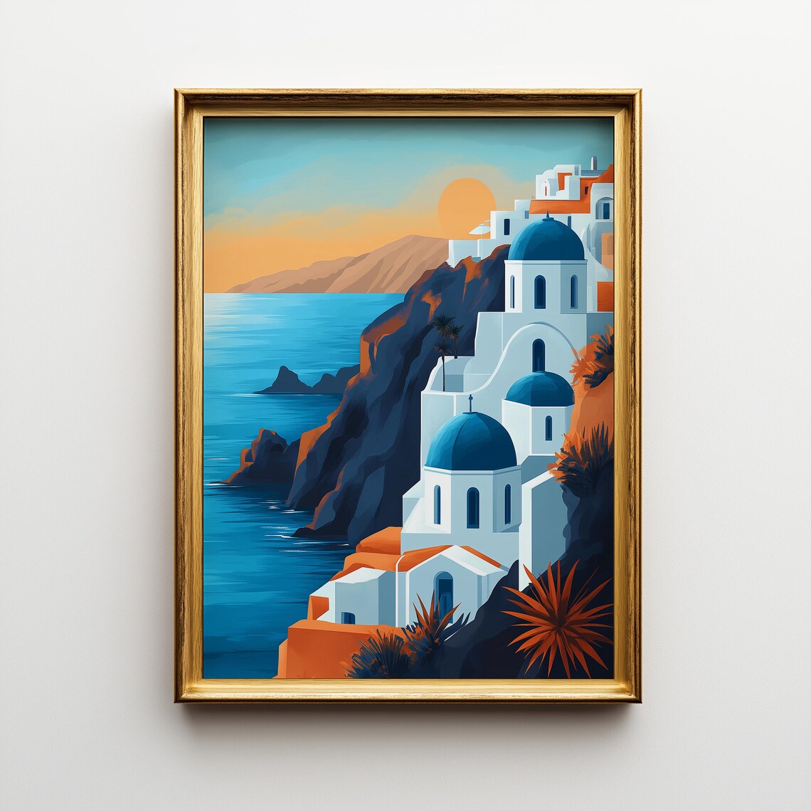 Santorini Art Deco Travel Poster, Aegean Sea View