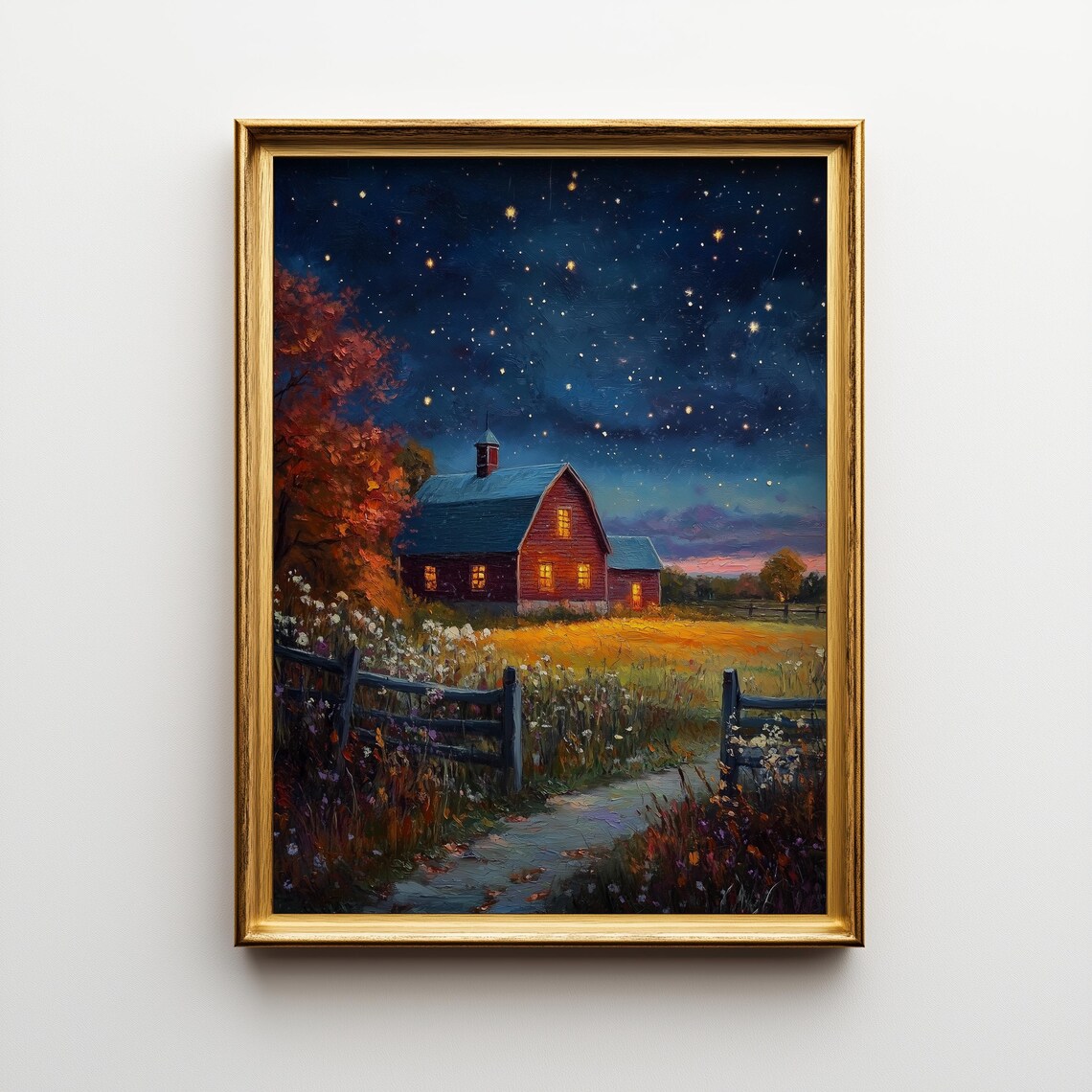 Starry Night New England Farmhouse, Rustic Autumn Landscape