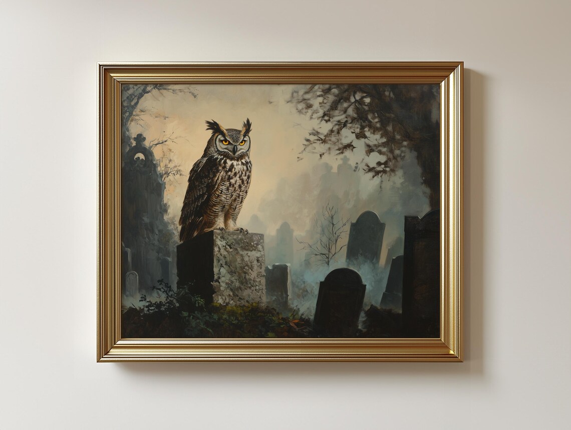 Great Horned Owl on Gravestone in Foggy Cemetery Gothic Wildlife Poster
