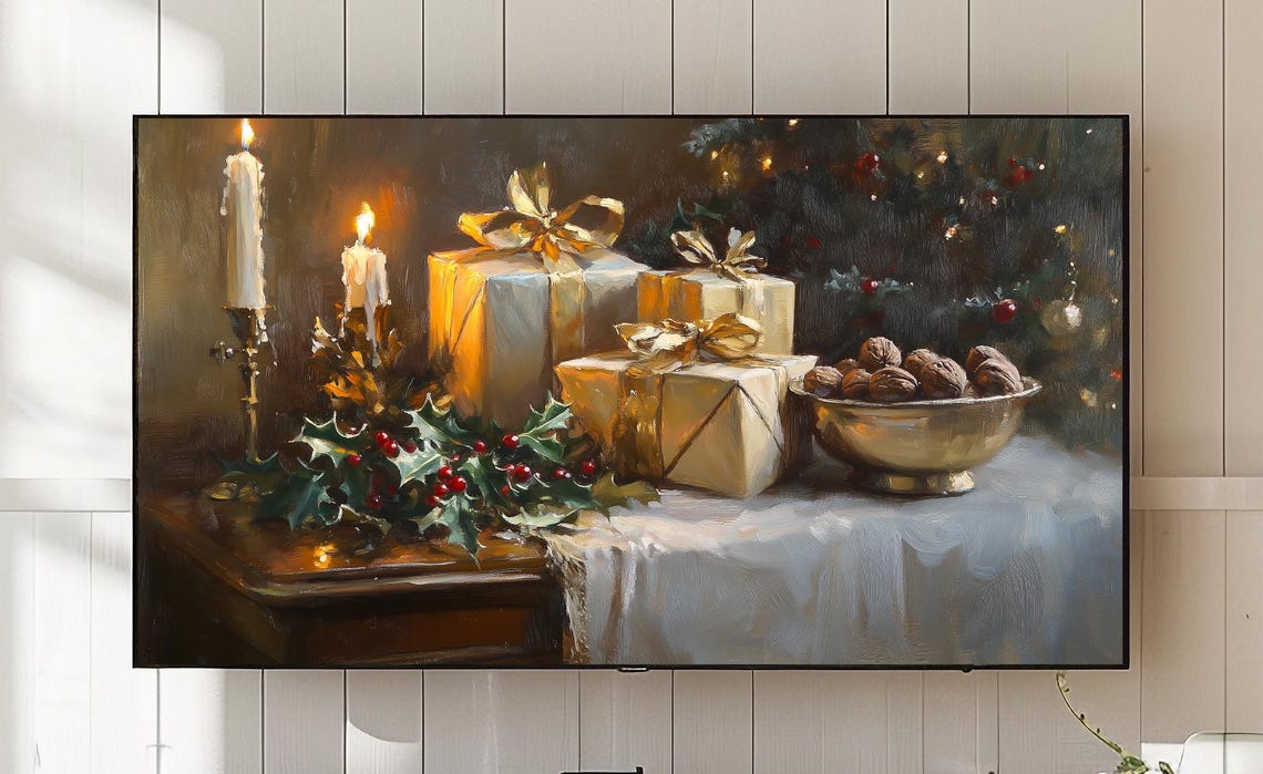 Candlelit Christmas Gifts Holly and Walnuts Still Life Poster