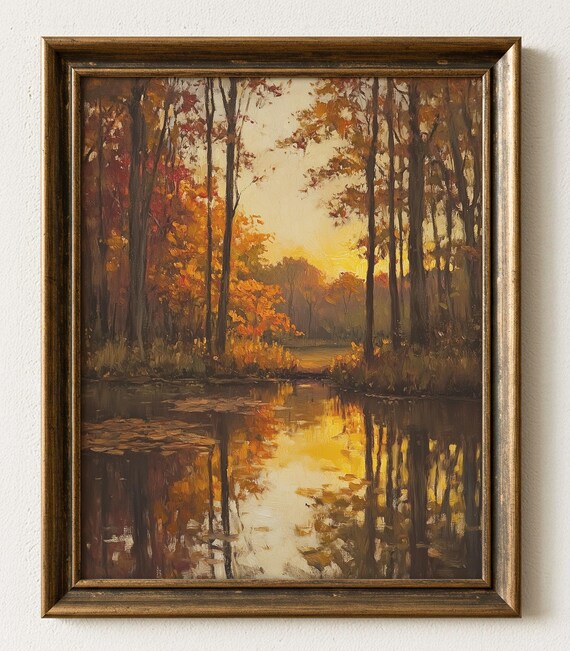 Autumn Forest Pond Oil Painting Rustic Landscape Art 965