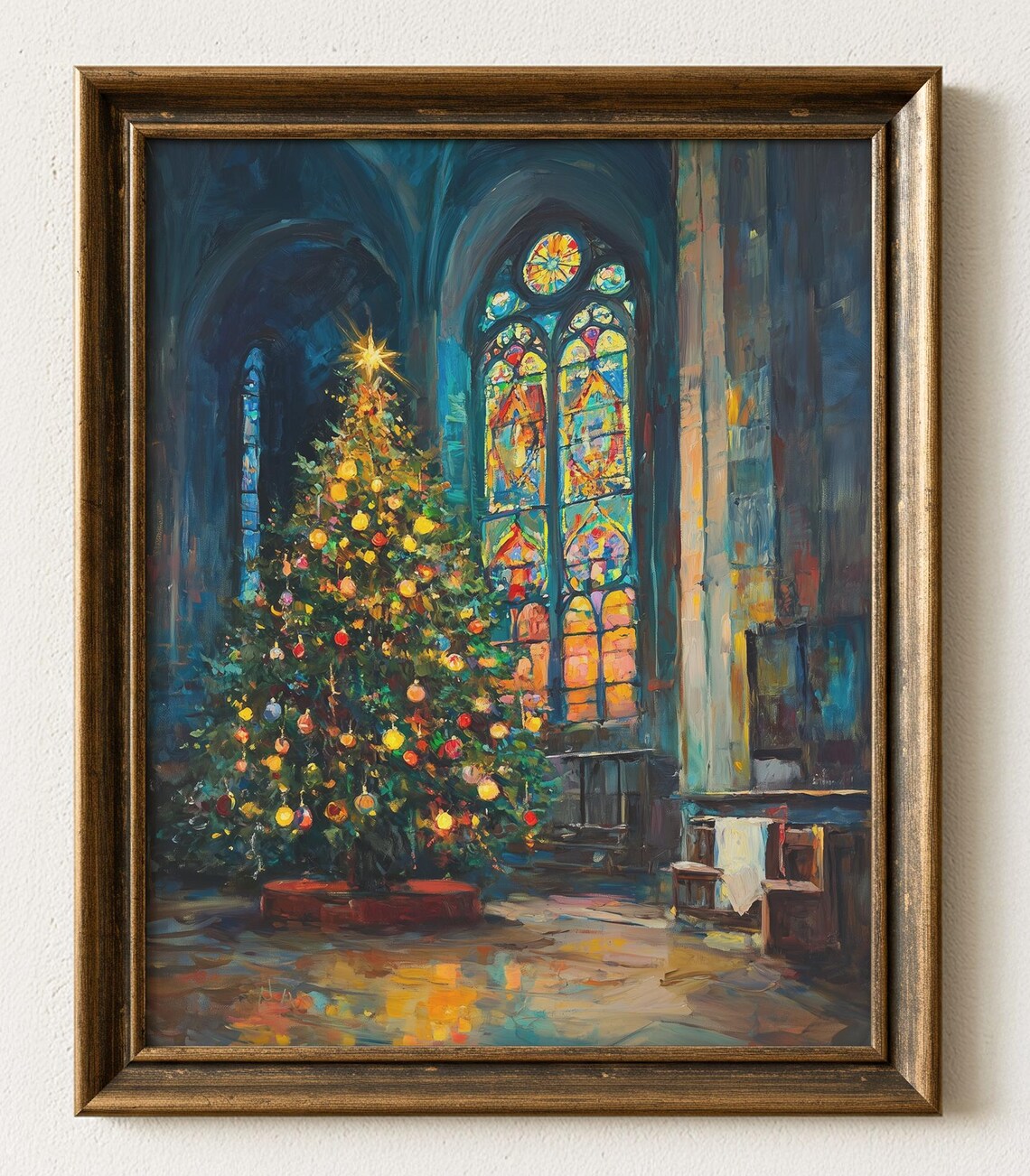 Christmas Tree Church Stained Glass Night Oil Painting Poster