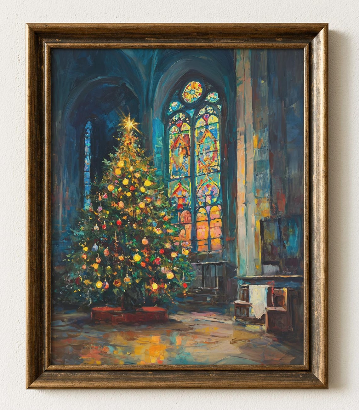 Christmas Tree Stained Glass Church Painting Vintage Holiday Wall Art Print 879