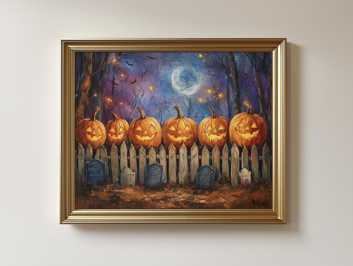 Whimsical Halloween Pumpkin Lineup, Vintage Poster
