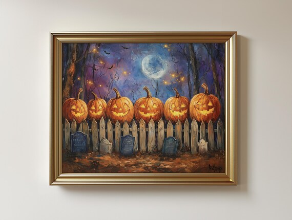 Whimsical Halloween Pumpkin Lineup, Vintage Poster