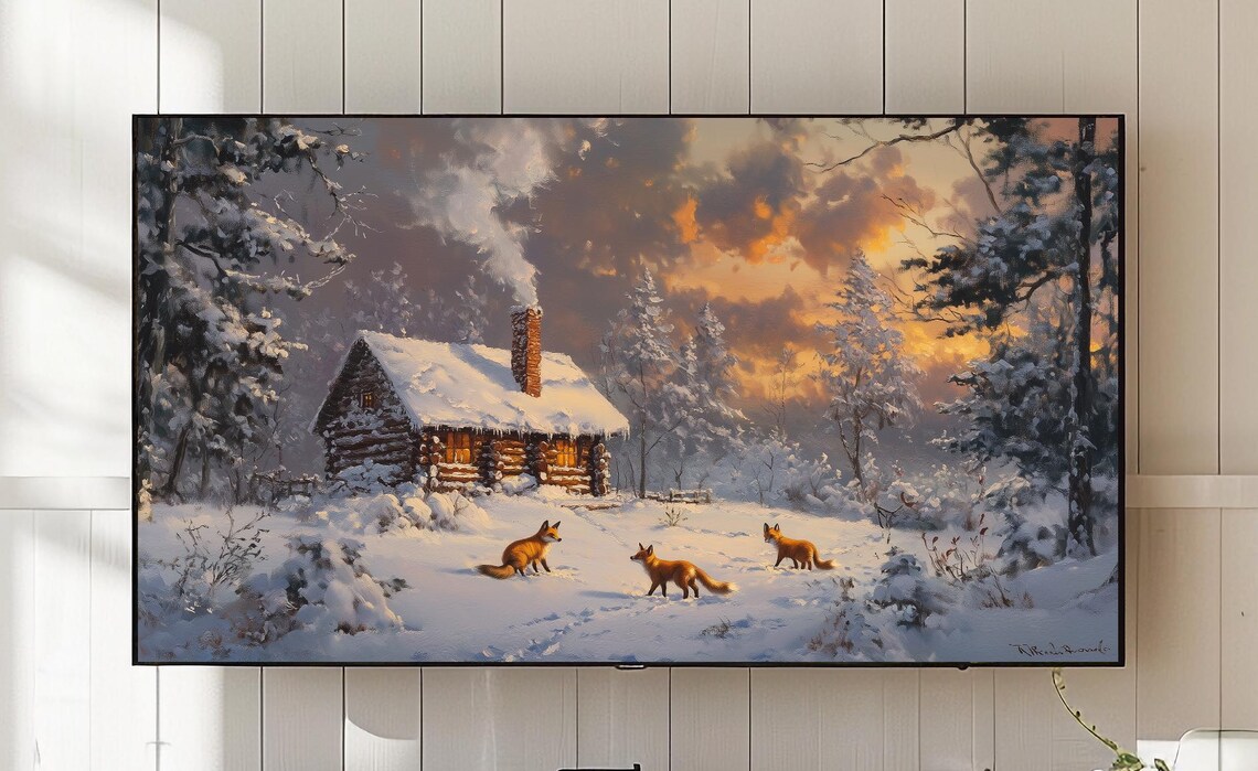 Winter Log Cabin Fox Family Snowy Sunset Wildlife Landscape Art Poster