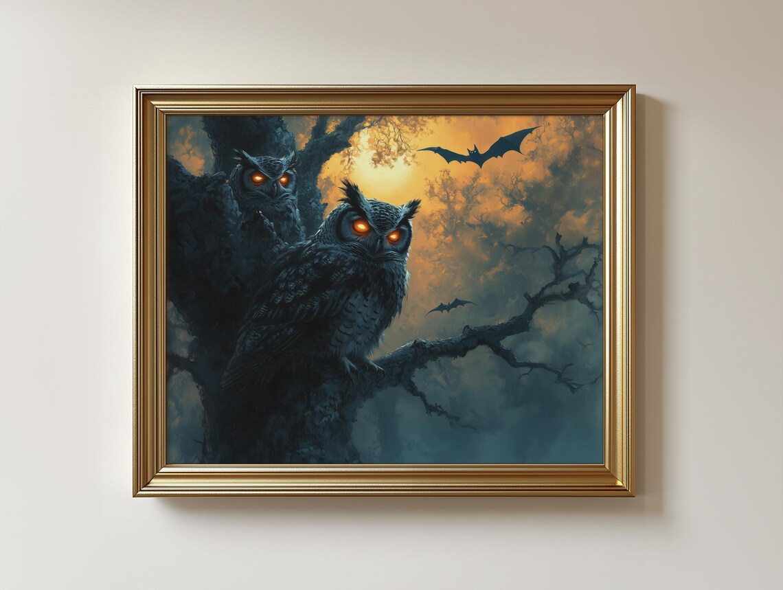 Moody Owls Night Forest Glowing Eyes Dark Fantasy Art Poster