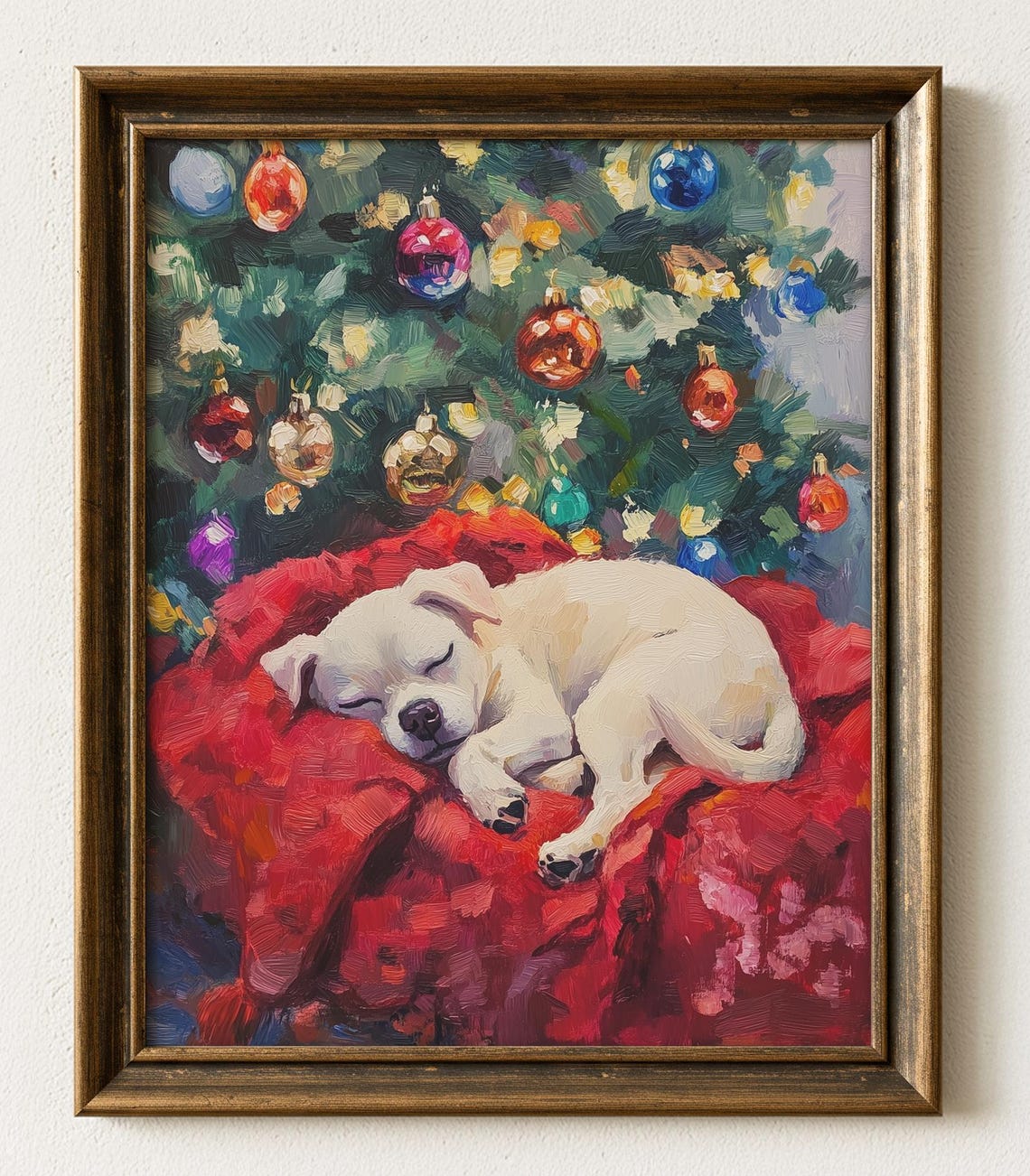 Christmas Dog Sleeping Painting Festive Holiday Wall Art Cozy Winter Scene Vintage Style Rustic Decor Print 907