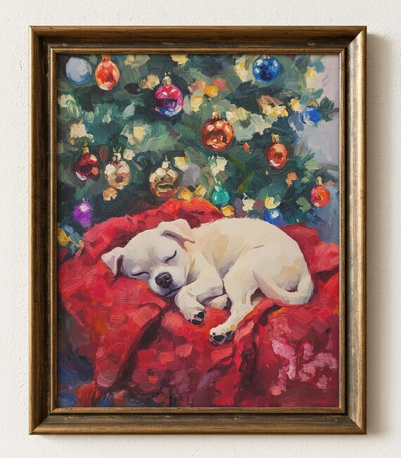 Sleeping White Christmas Puppy Under the Tree Cozy Winter Art Poster