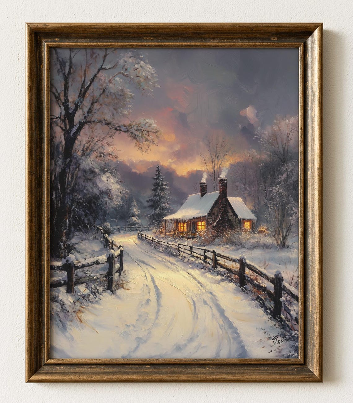 Snowy Log Cabin at Dusk Winter Landscape Oil Painting Poster