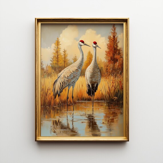 Vintage Sandhill Cranes Print Rustic Autumn Bird Art 357