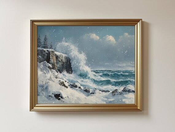 Stormy Winter Seascape Crashing Waves Icy Rocks Coastal Ocean Art Print