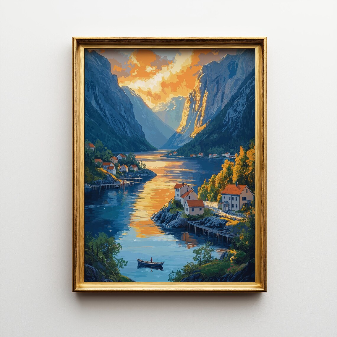 Art Deco Norwegian Fjord Sunset Vintage Travel Poster