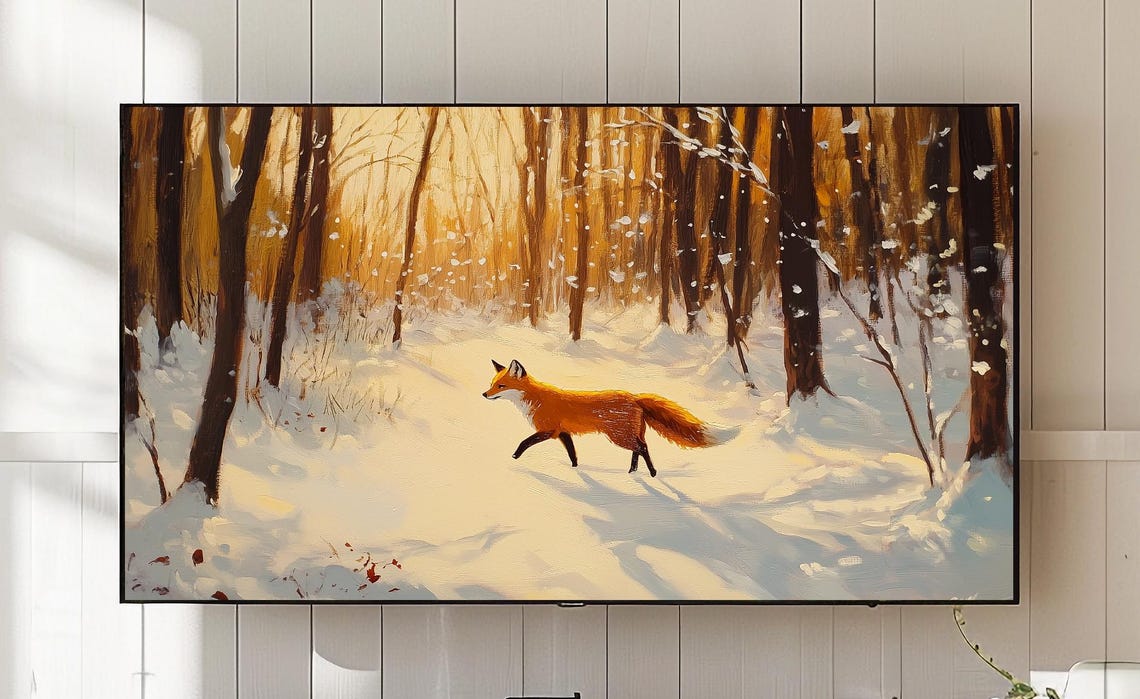Red Fox Walking Snowy Golden Winter Forest Oil Painting Poster
