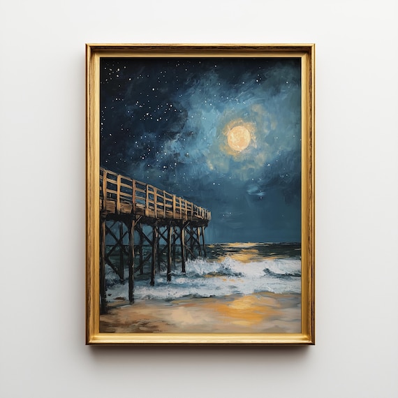 Starry Night Pier Rustic Coastal Landscape Art Print