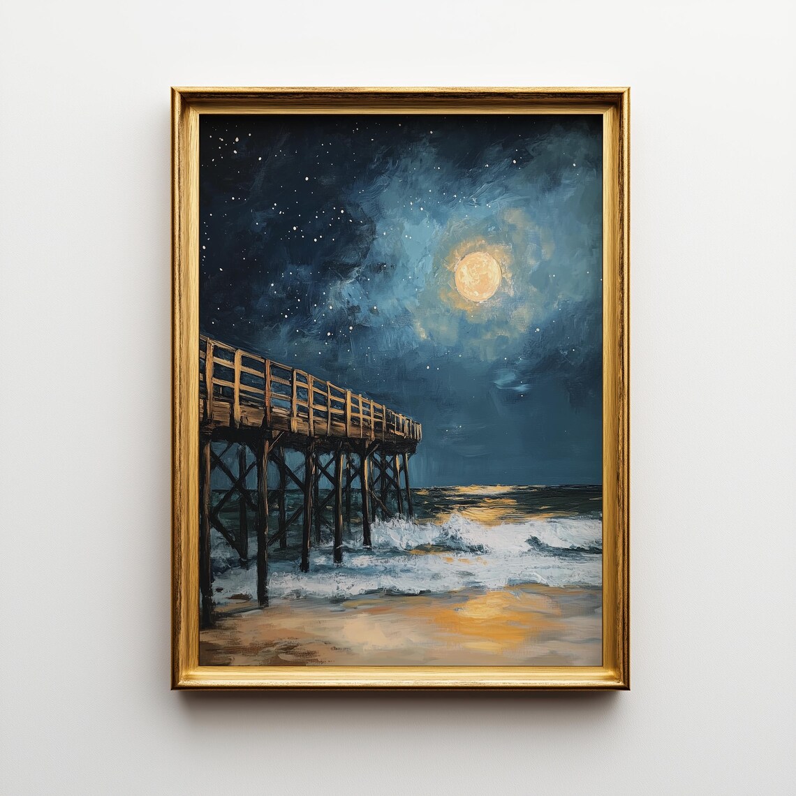 Starry Night Pier Rustic Coastal Landscape Art Print