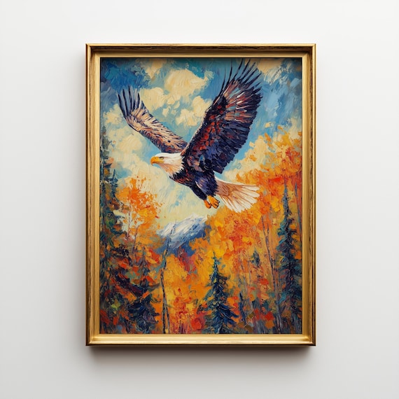 Bald Eagle Autumn Forest Flight Oil Painting Style Wildlife Poster
