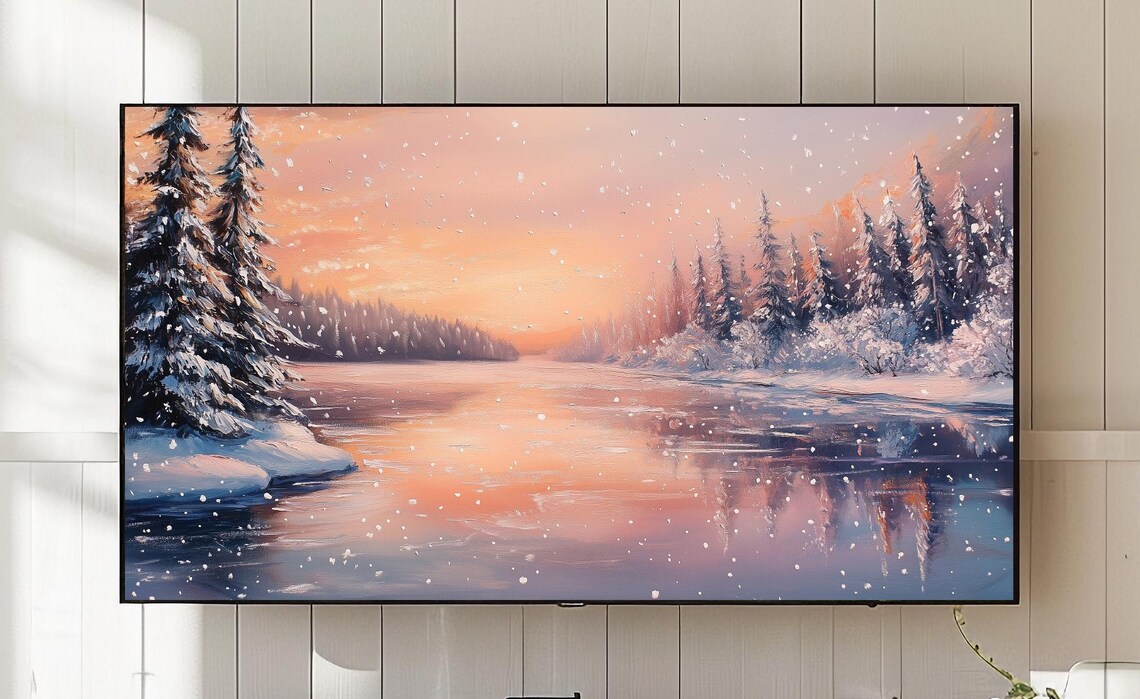 Winter Sunrise Lake Painting, Rustic Landscape Art Print