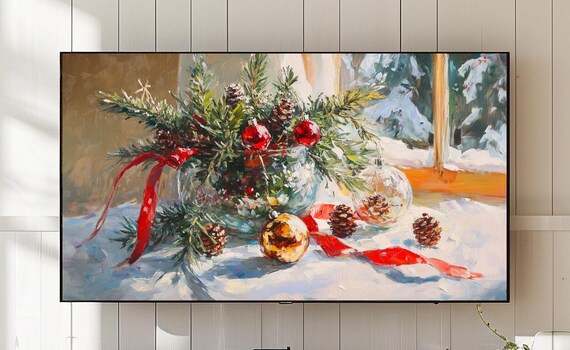 Christmas Pine Centerpiece Ornaments Red Ribbon Holiday Art Poster