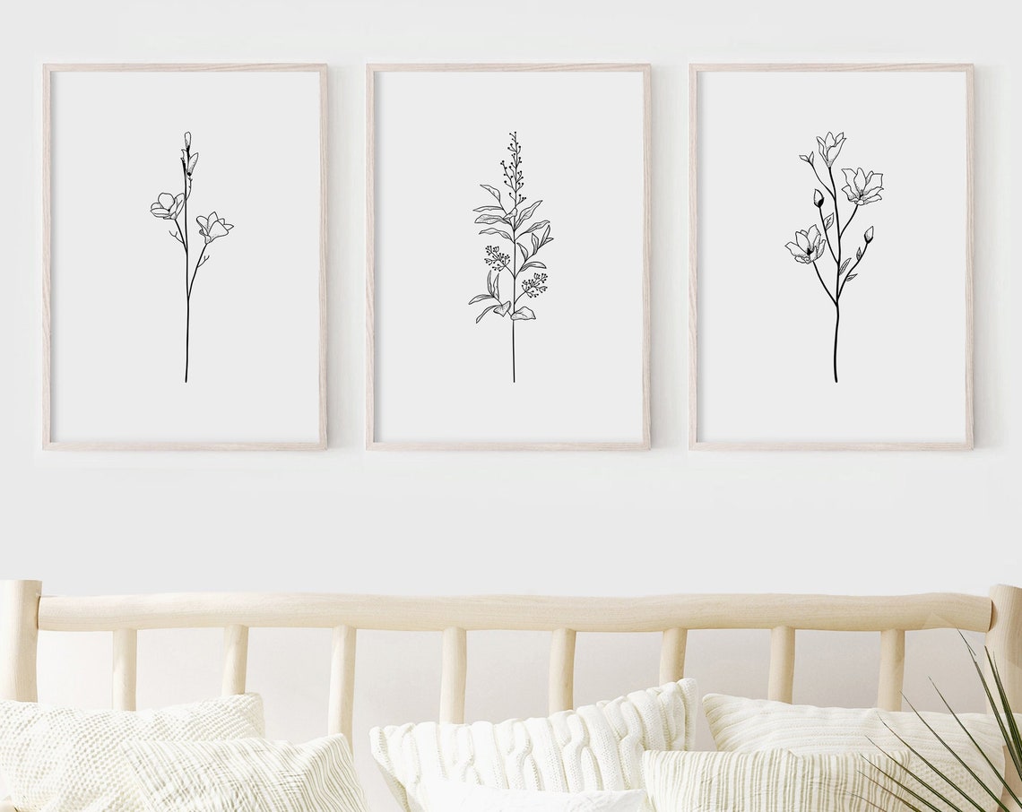 Trio Of Minimalist Floral Line Art Botanical Flower Drawing Poster