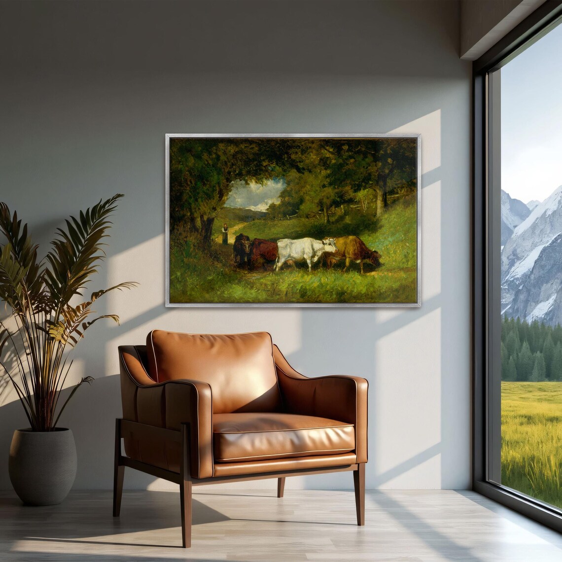Vintage Pastoral Painting Of Cows With A Woman In A Field Poster - Image 2