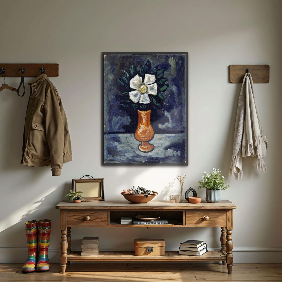 White Flower in an Orange Vase Modernist Still Life Painting Poster - Image 4