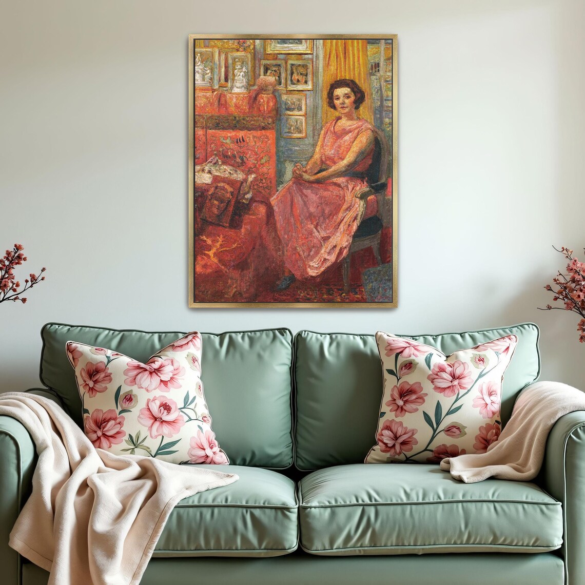 Woman in a Pink Dress Seated Among Paintings in a Studio Poster