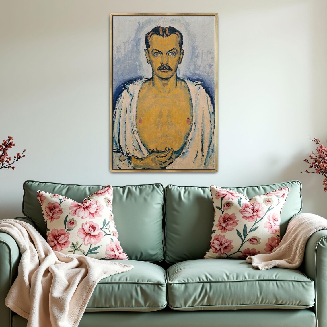 Mustached Bare-Chested Man Expressionist Portrait Painting Poster