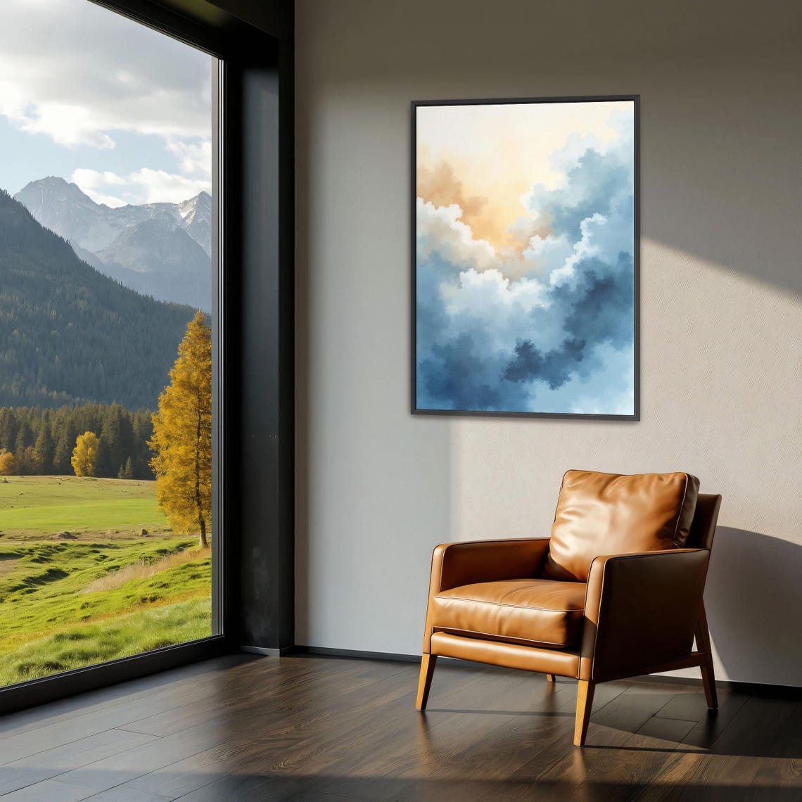 Abstract Sky Watercolor Clouds Framed Wall Art Ready To Hang Oversized Large Wall Art Fine Art Print Wooden Frame - Image 3