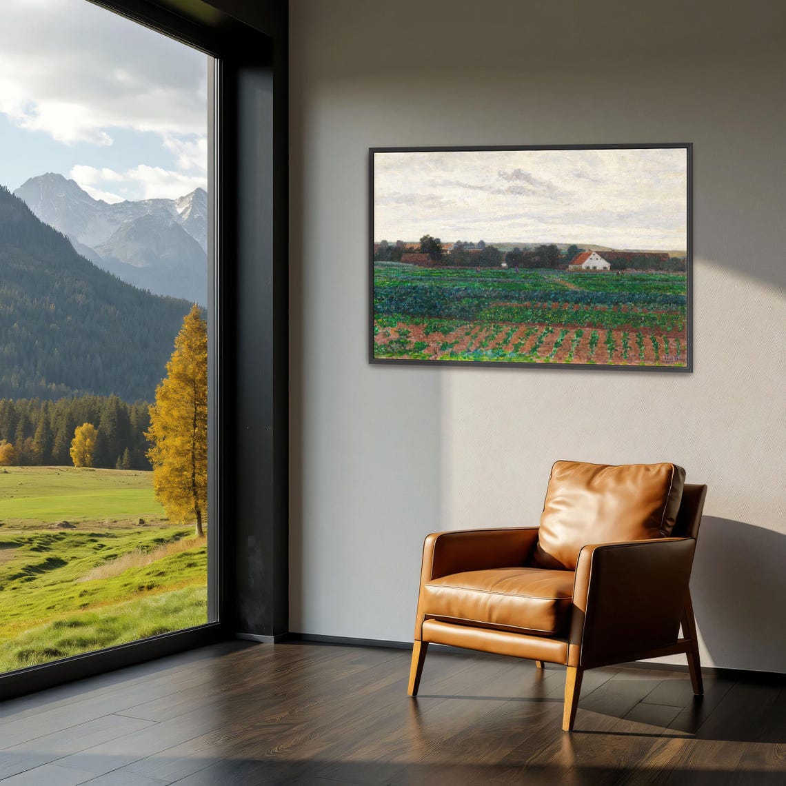 Framed Wall Art Of Farmhouse In A Field With Cloudy Sky Landscape Wall Art Green And Brown Entryway Art Rustic Oil Painting - Image 3