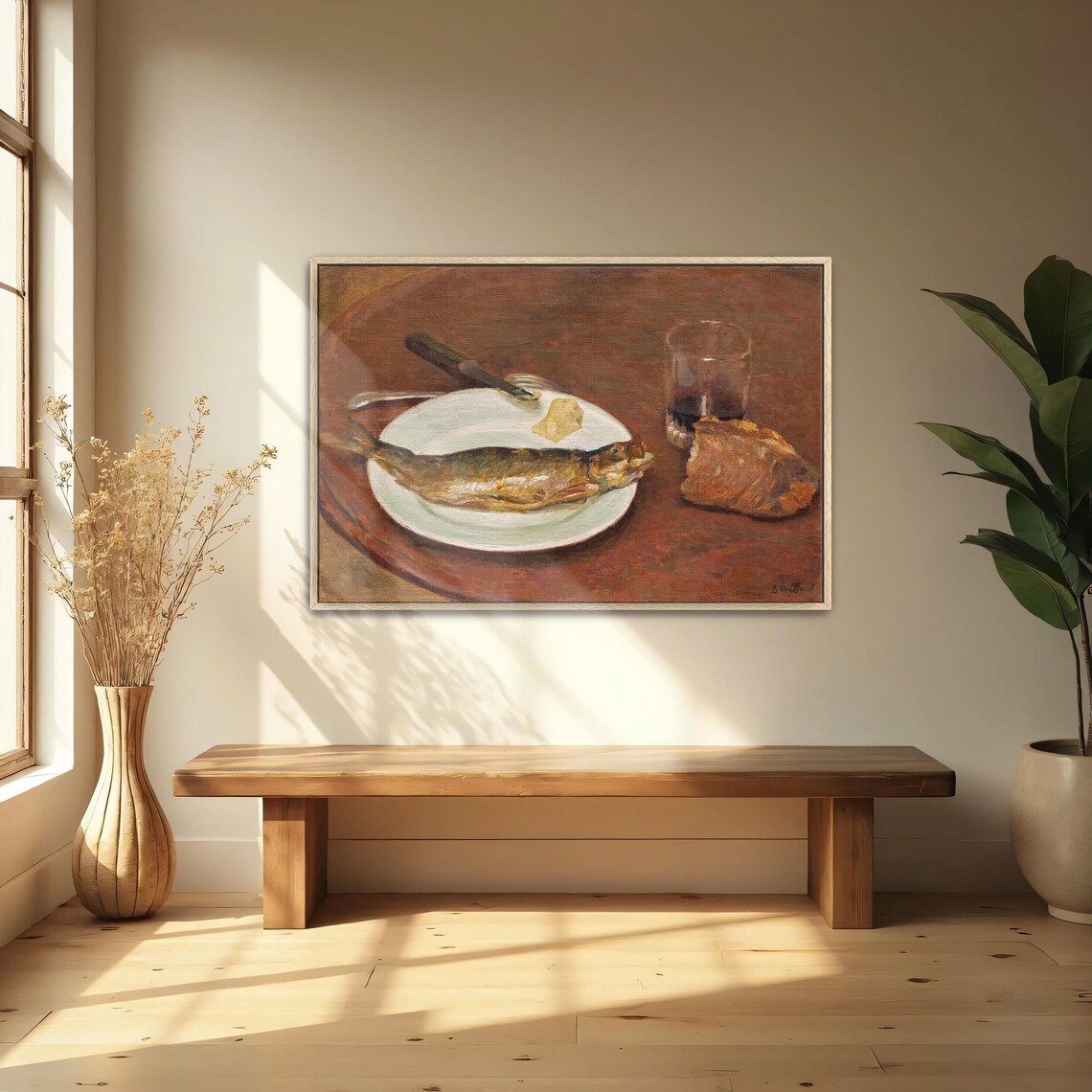 Large Framed Print Of Still Life With A Fish Bread And Glass Animal Print Brown And White Bedroom Artwork - Image 5